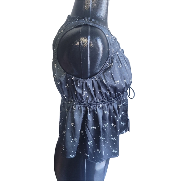 American Eagle Black Double Tie-Front Cropped Babydoll Top With Bow Print S - Picture 5 of 7